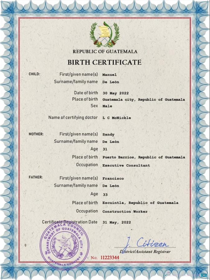 Download Guatemala vital record birth certificate PSD template Photoshop template